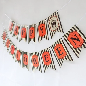 Detail of Happy Halloween swallowtail banner with black stripes and orange spider icons