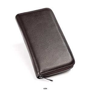 Side view of dark brown pebbled leather long wallet with silver metal zipper closure