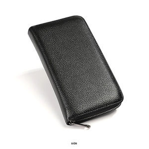 Side view of long leather card holder with litchi texture and silver zipper detail