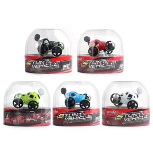 Macro view of five colorful remote control stunt cars with 360-degree rotation packaging