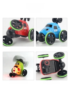 Detail view of mini remote control stunt car showing charging port and power switch