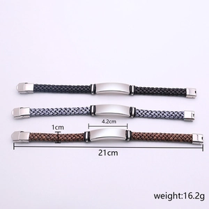 Men's hand-woven leather bracelets with stainless steel geometric charms in 3 colors