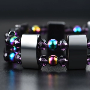 Double-layered hematite bead bracelet with purple crystals and iridescent rainbow stones