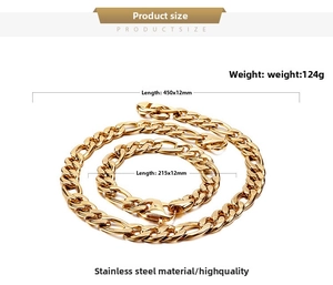 Polished gold stainless steel Figaro chain necklace and bracelet set with size details