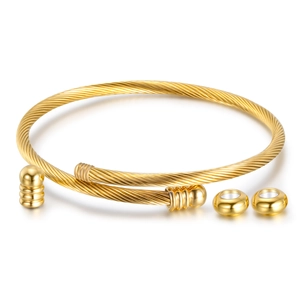 Golden 3mm stainless steel twisted rope cable cuff bracelet with two accent beads