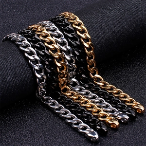 Polished stainless steel Cuban link bracelets in silver, gold, and black finishes