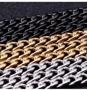 Detail of three minimalist stainless steel chains in black, gold, and silver finishes