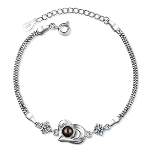 S925 sterling silver heart projection bracelet featuring dual chain and clear zircons