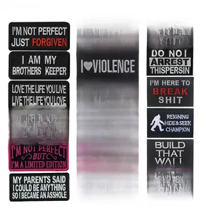Macro view of eighteen diverse embroidered tactical patches with various English slogans