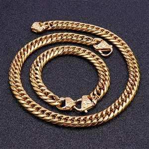 Polished gold-plated stainless steel Cuban link necklace and bracelet set for men