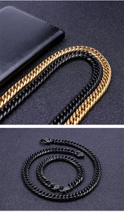 Detail of bold two-tone gold and black cuban link necklace and dragon clasp bracelet