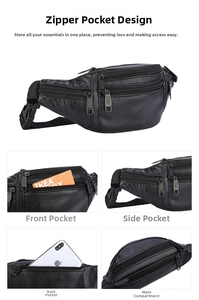 Close-up of waterproof black leather waist bag with multiple zipper compartments and buckles