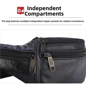 Detail view of the black waist bag showing multiple independent zippered compartments