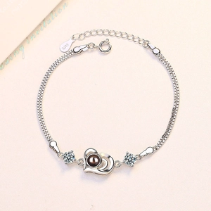 S925 sterling silver heart projection bracelet with dual-layer chain and zircon accents