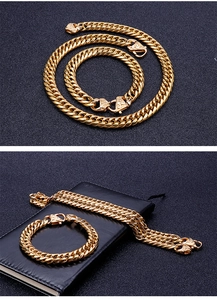 Detailed close-up of golden Cuban link necklace and bracelet set with animal head clasps