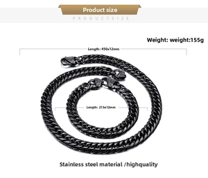 Size chart for black stainless steel Cuban link chain necklace and bracelet set