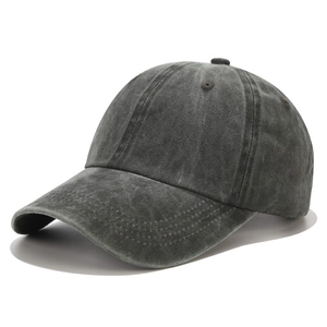 Unisex washed dark grey baseball cap with vintage distressed texture and curved brim