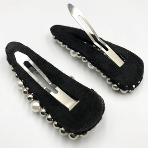 Elegant black velvet teardrop hair clips with white pearls and silver studs for women