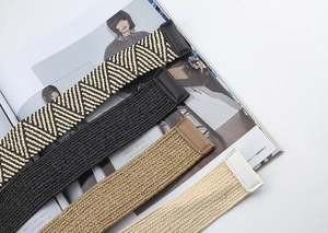 Detail of four woven belts in black and neutral tones on a fashion magazine