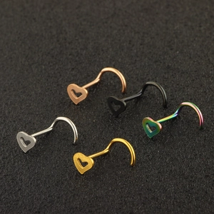 Five-piece heart nose stud set in stainless steel with colorful L-shape hook design