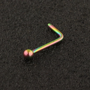 L-shaped rainbow stainless steel nose stud with round ball on black background