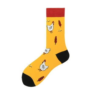 Chaussettes en coton jaune avec motif de poulet et revers rouges pour hommes et femmes
