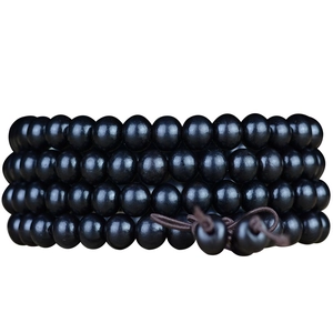 Polished black ebony wood 108 beads Buddhist prayer bracelet with brown elastic cord