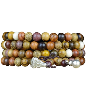 Multi-colored wooden 108 Buddhist prayer beads bracelet with carved silver lotus pendant