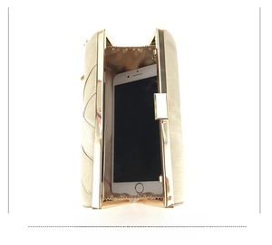Interior view showing phone storage capacity in pleated champagne satin clutch bag