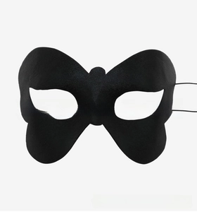 Detail shot of black butterfly masquerade mask with textured felt finish and elastic strap