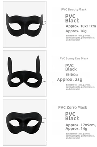 Detailed size and weight specs for butterfly, rabbit, and classic PVC party masks