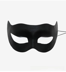 Detailed view of the black textured PVC masquerade mask with cat ear design and elastic strap