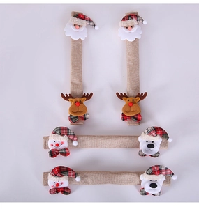 Close-up of 8-piece linen Christmas handle covers with 3D Santa and Reindeer figures