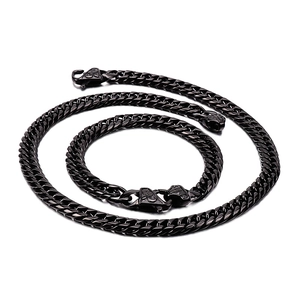 Minimalist black stainless steel Cuban link necklace and bracelet set on white background