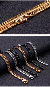 Close-up of 9mm stainless steel Cuban link chains in gold, silver, and black finishes