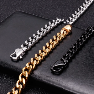 Three men's stainless steel Cuban link bracelets in silver, gold, and black colors