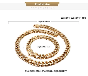 Size chart showing 11mm wide 18K gold stainless steel Cuban link necklace and bracelet set