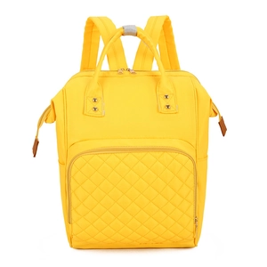 Bright yellow nylon quilted mommy backpack with multi-functional pockets and dual straps