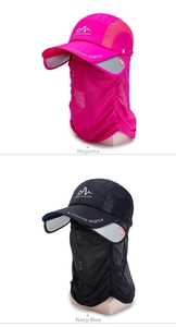 Detail of rose red and navy blue quick-dry sun hats with face and neck protection covers