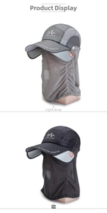 Detail of light and dark grey outdoor sun caps with detachable face and neck protection
