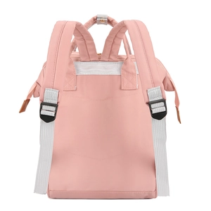 Pink nylon mummy backpack back view showing adjustable shoulder straps and reinforced structure
