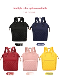 Collection of quilted nylon maternity backpacks in five vibrant colors with top handles
