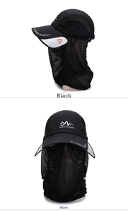 Detail of black outdoor fishing hat with removable mesh face mask and neck protection cover