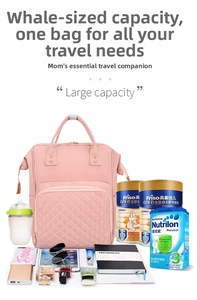 Close-up of quilted front pocket on large capacity pink nylon travel mommy backpack