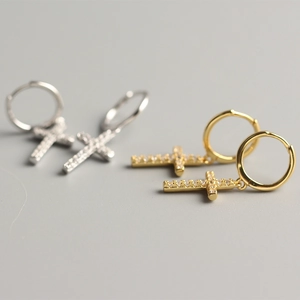 S925 sterling silver cross hoop earrings with sparkling cubic zirconia in gold and silver