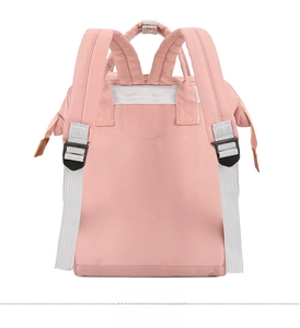 Rear view of pink nylon mommy travel backpack featuring gray straps and adjustable buckles