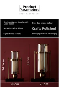 Detailansicht goldener Kerzenhalter aus Legierung mit Glaseinsatz in 34,5cm und 39cm Höhe