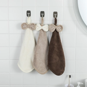 Hanging Hand Towel Coral Fleece Bowknot Absorbent Kitchen Bathroom Quick Dry Soft Cute Decorative