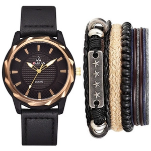 Detailed close-up of a men's black leather watch and layered bohemian bracelets set
