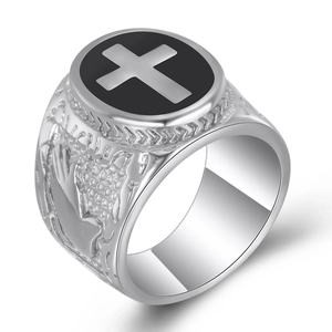 Retro stainless steel cross ring with black enamel and embossed religious design